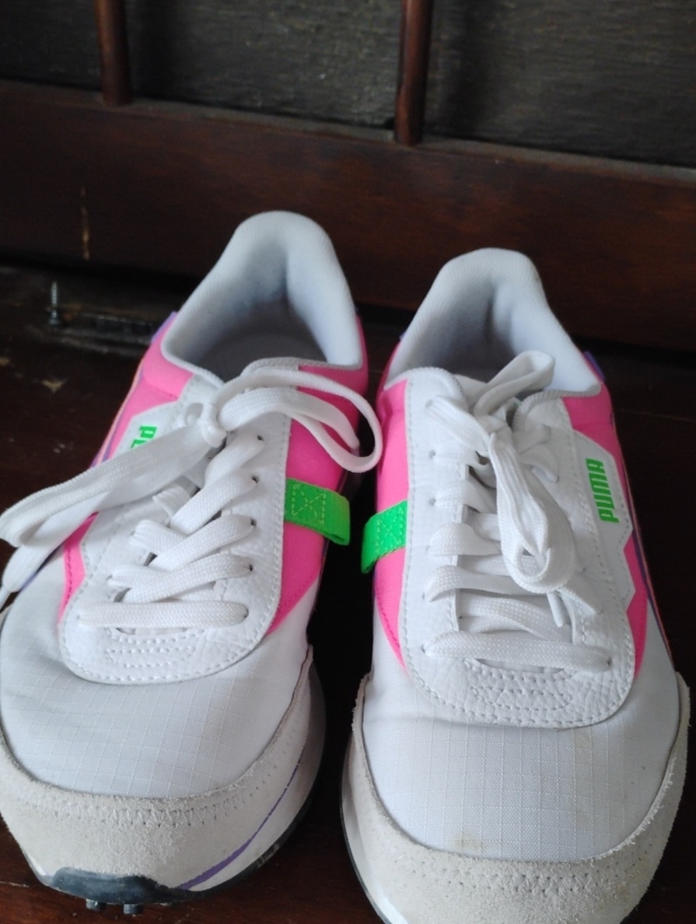 Puma White Sneakers with Pink Panels and Neon Green Accents